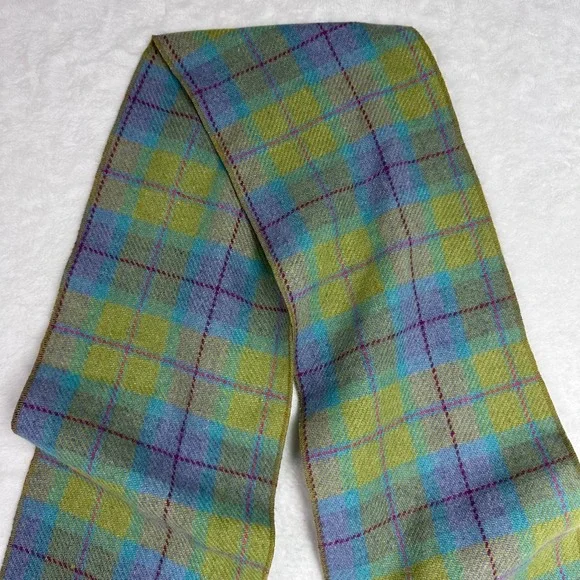Helen Welsh Womens Plaid Scarf Wool Green Blue Purple Vintage Style - Picture 2 of 11